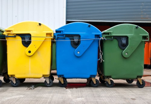 Worker preparing commercial bins for collection in Bounds Green with clear signage